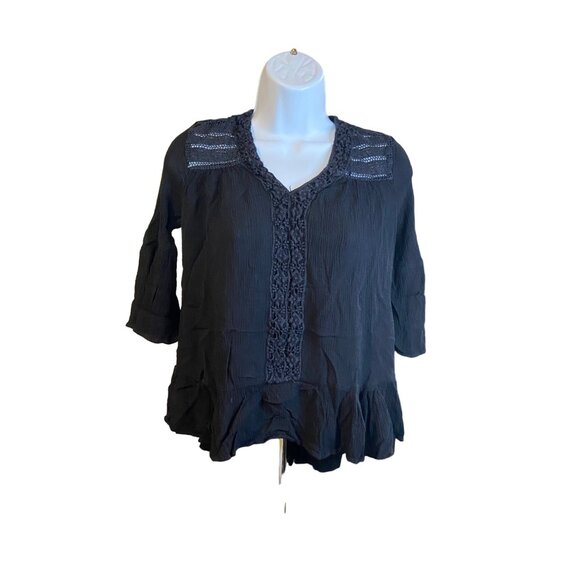 New Direction Womens Peasant Blouse Black Small Crinkle Lace Ruffle Hem Boho - Picture 2 of 6